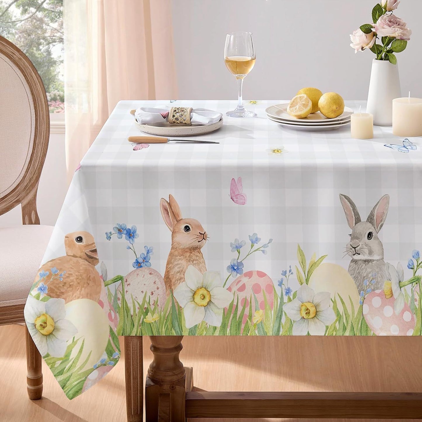 Easter Bunny & Egg Watercolour Tablecloth – Grey Check Background | Spring Holiday Table Cover