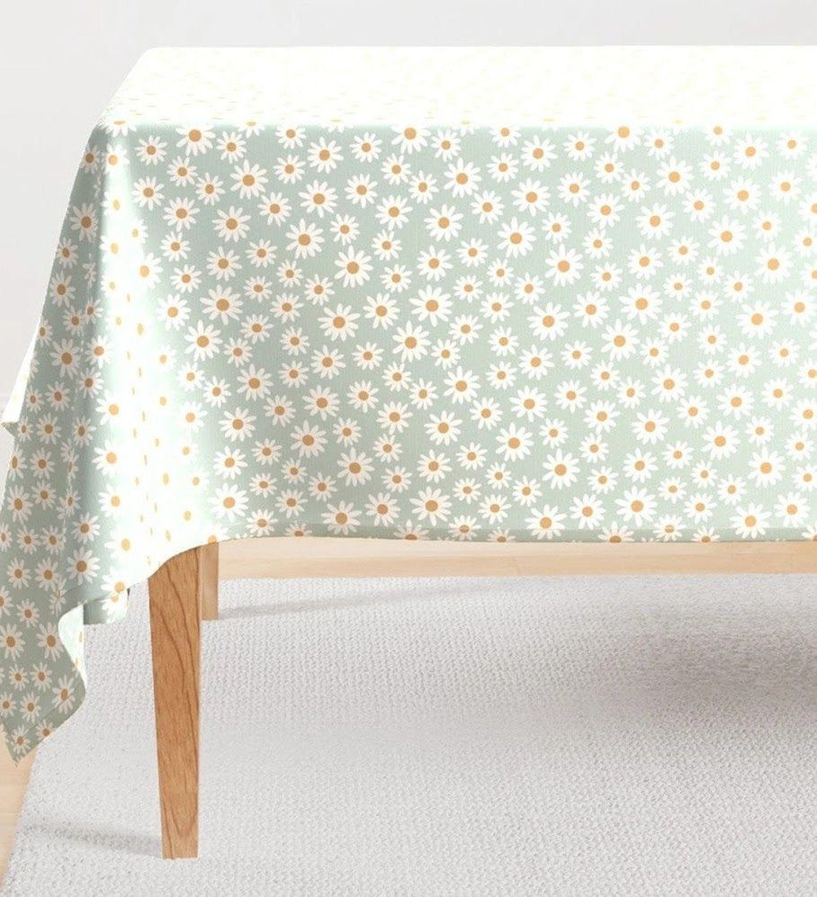 Sage Green Daisy Print Tablecloth – Retro White Daisies on Green | Modern Vintage Dining Cover