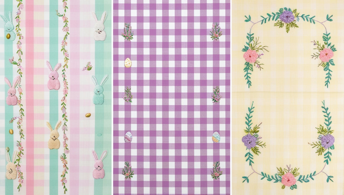 Easter Spring Table Linen Set – 3 Designs: Bunny Stripe / Purple Gingham Egg / Yellow Embroidered Wreath