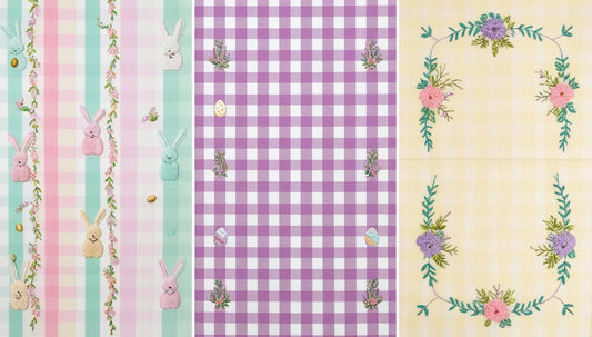 Easter Spring Table Linen Set – 3 Designs: Bunny Stripe / Purple Gingham Egg / Yellow Embroidered Wreath