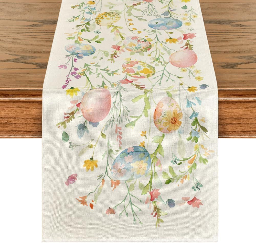 Easter Floral Egg Watercolour Table Runner – Ivory Linen | Spring Seasonal Dining Decor