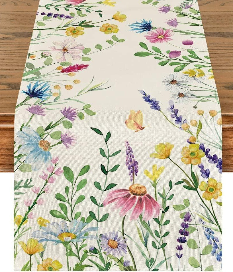 Wildflower Meadow Table Runner – Watercolour Botanical on Ivory | All-Season Spring Dining Decor