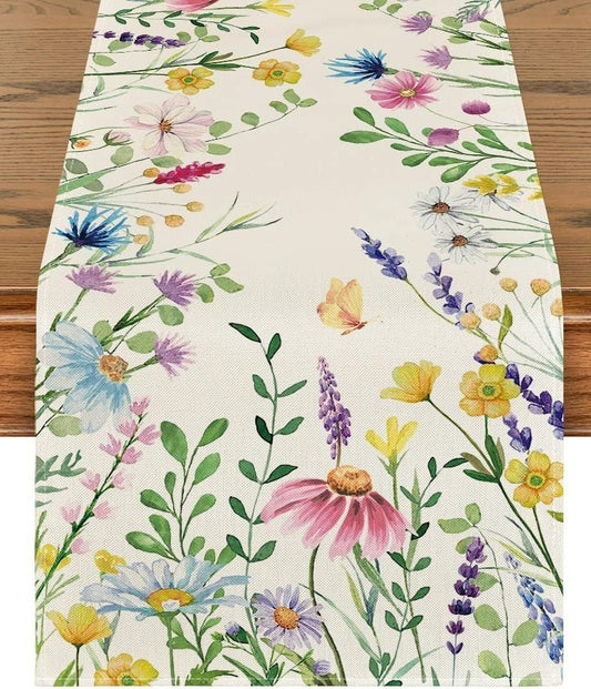 Wildflower Meadow Table Runner – Watercolour Botanical on Ivory | All-Season Spring Dining Decor