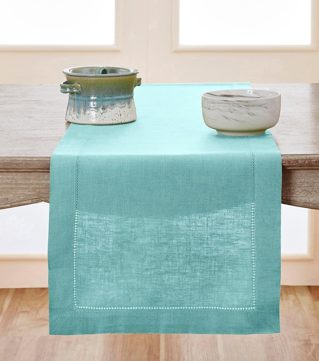 Solid Aqua Teal Hemstitch Table Runner – Plain Linen | Minimalist Elegant Dining Decor