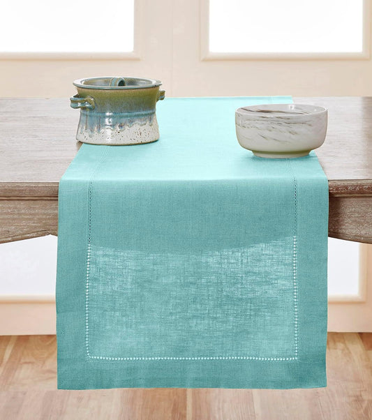 Solid Aqua Teal Hemstitch Table Runner – Plain Linen | Minimalist Elegant Dining Decor