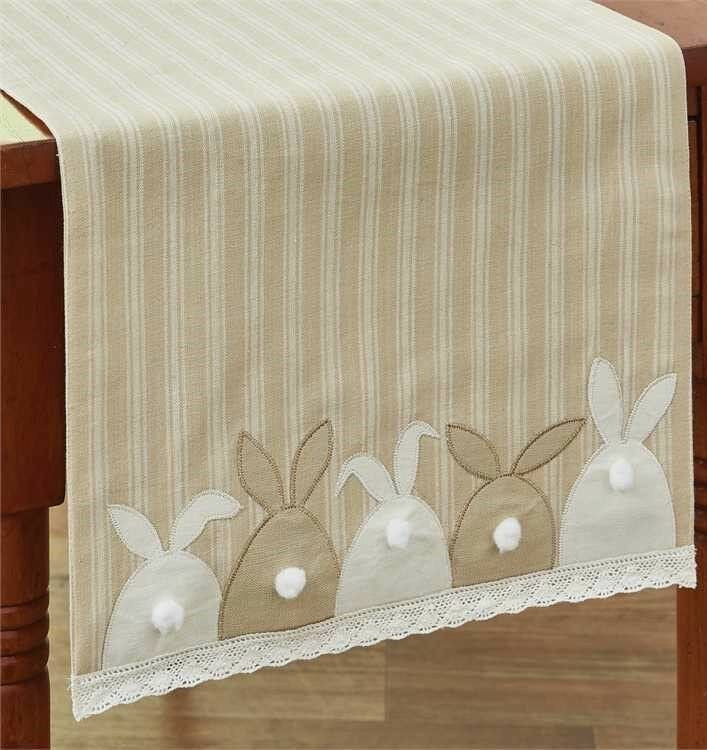 Easter Bunny Appliqué Table Runner – Beige Stripe Linen with 3D Bunny Pom Pom & Lace Trim
