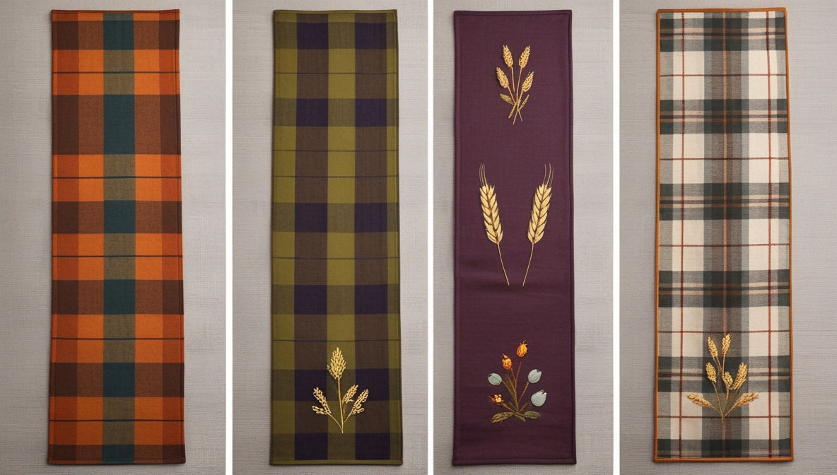 Autumn Harvest Tartan Table Runner Set – 4 Designs | Plaid with Wheat Embroidery | Thanksgiving Decor