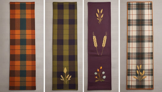 Autumn Harvest Tartan Table Runner Set – 4 Designs | Plaid with Wheat Embroidery | Thanksgiving Decor