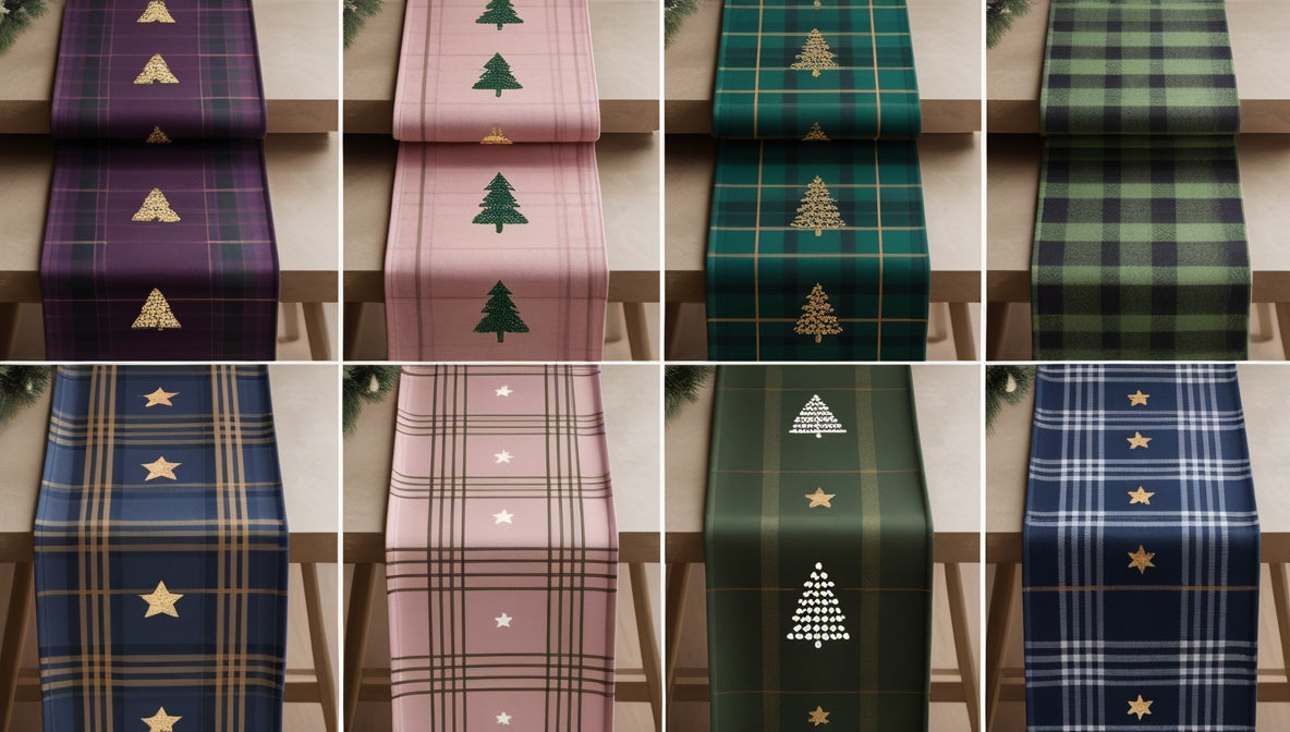 Christmas Tartan Table Runner Set – 8 Designs | Plaid with Tree & Star Embroidery | Festive Holiday Decor