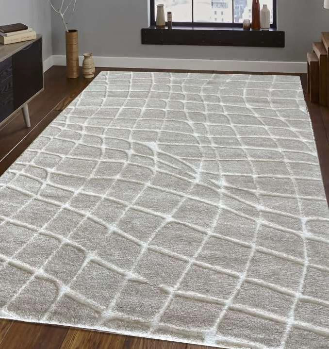 Modern Trellis Grid Carved Area Rug â€“ Grey Ivory
