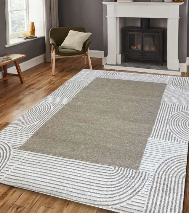 Modern Border Arc Area Rug â€“ Grey Ivory
