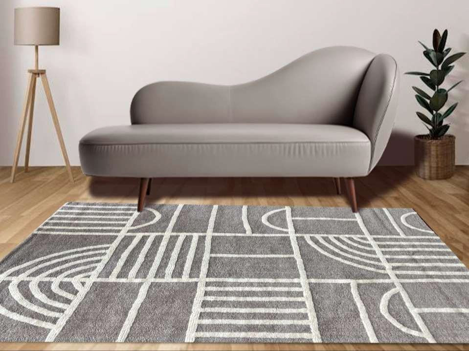 Mid-Century Modern Line Art Area Rug â€“ Grey Ivory