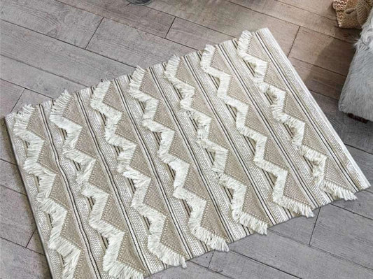 Boho Fringe Chevron Flatweave Cotton Rug â€“ Natural Ivory