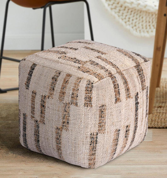 Kilim Stripe Square Pouf Ottoman â€“ Natural Beige Wool