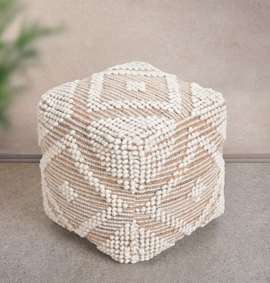 Boho Diamond Tufted Square Pouf Ottoman â€“ Ivory Jute