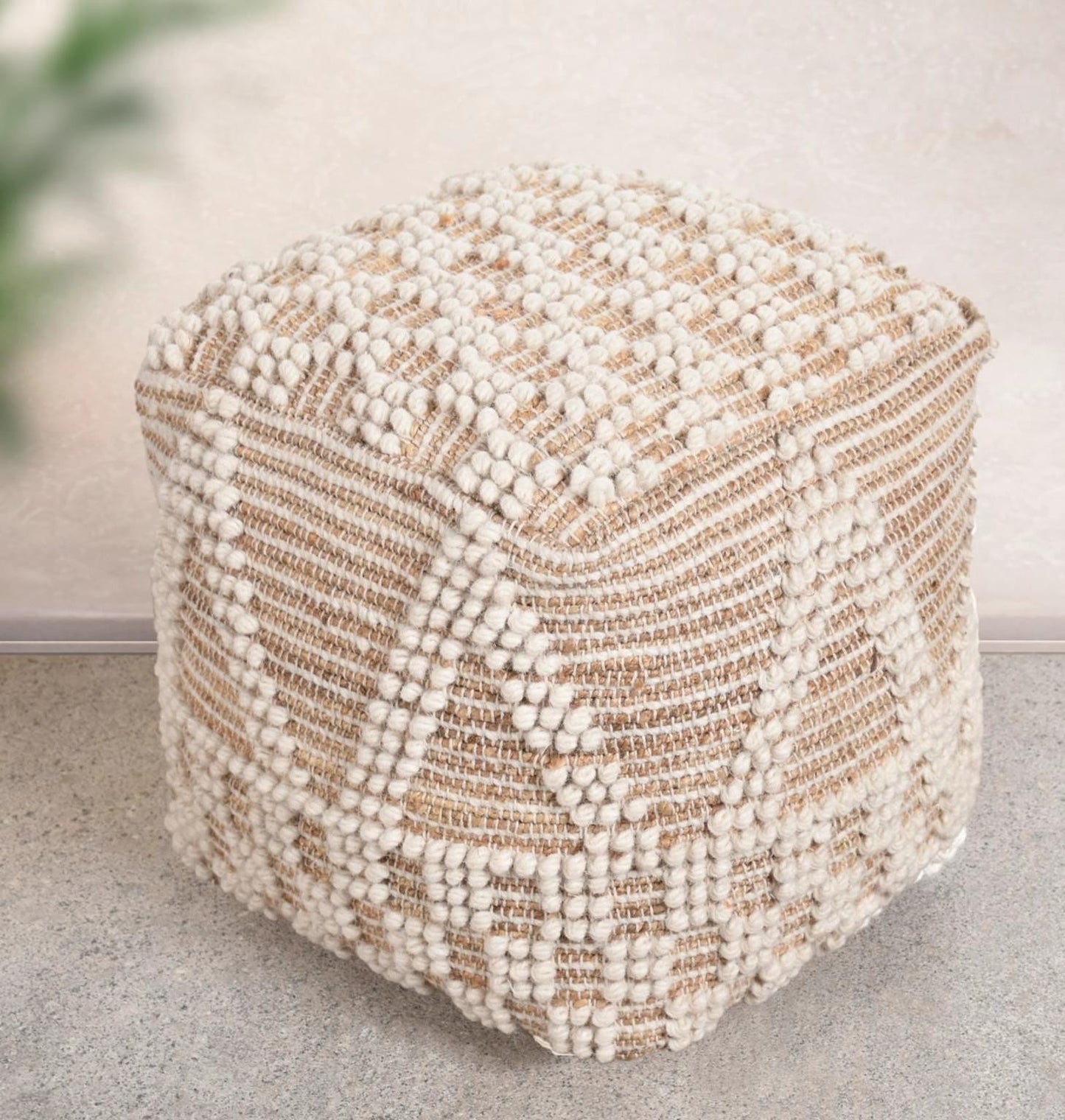 Loop Bobble Textured Square Pouf Ottoman â€“ Ivory Jute
