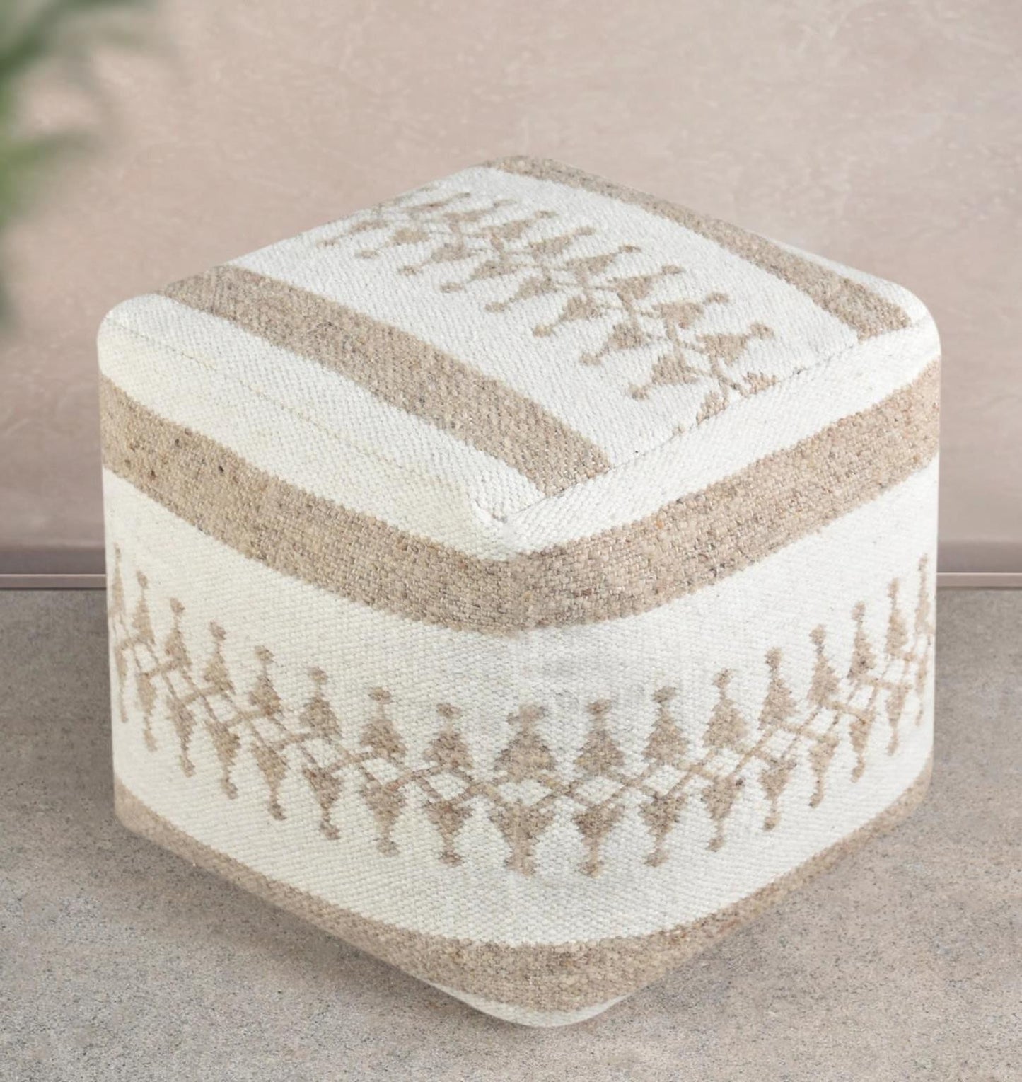 Kilim Tribal Flatweave Square Pouf Ottoman â€“ Ivory Sand