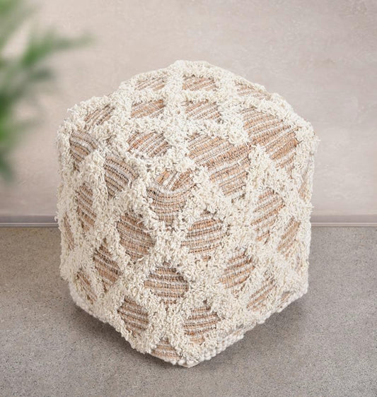 Moroccan Shaggy Diamond Tufted Square Pouf â€“ Ivory Jute