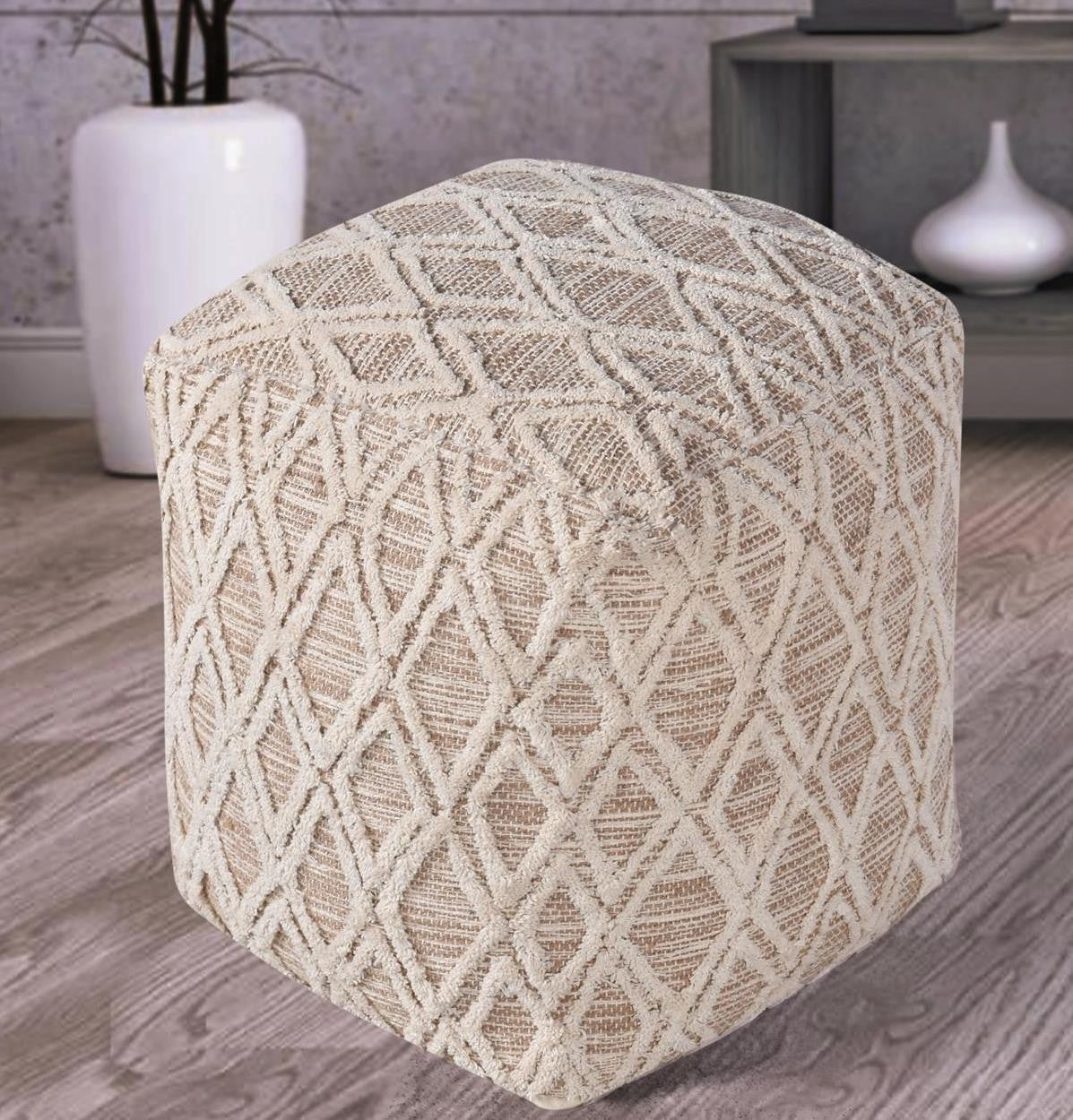 Jute Diamond Lattice Handwoven Square Pouf â€“ Natural Ivory