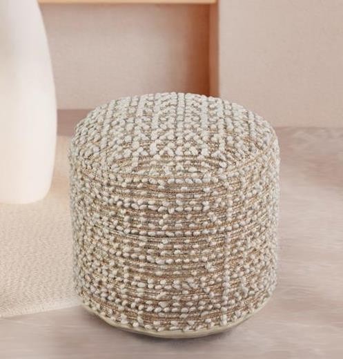 Bobble Dot Round Cylinder Pouf Ottoman â€“ Ivory Jute