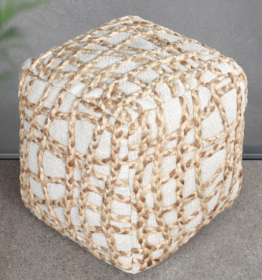 Braided Jute Lattice Square Pouf Ottoman â€“ White Natural