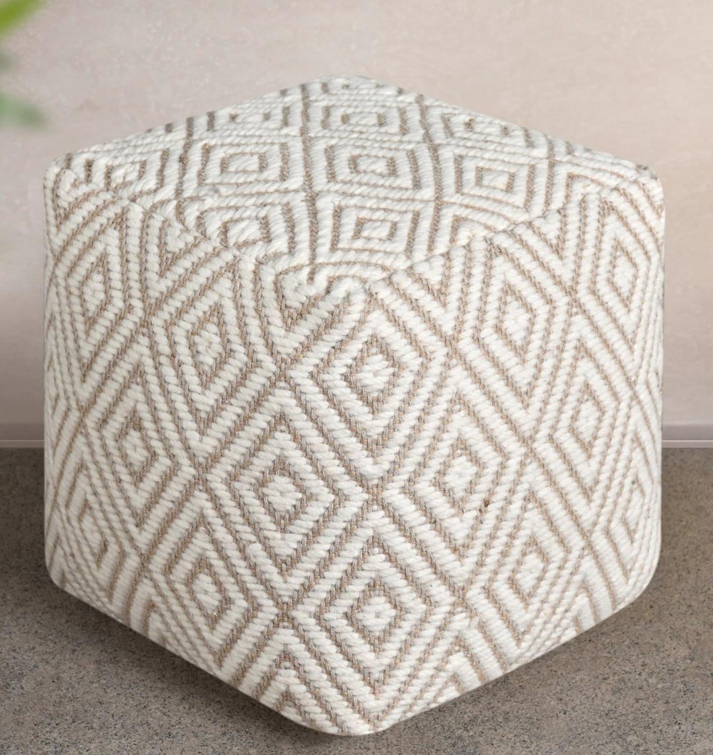 Diamond Geometric Woven Square Pouf Ottoman â€“ Ivory Natural