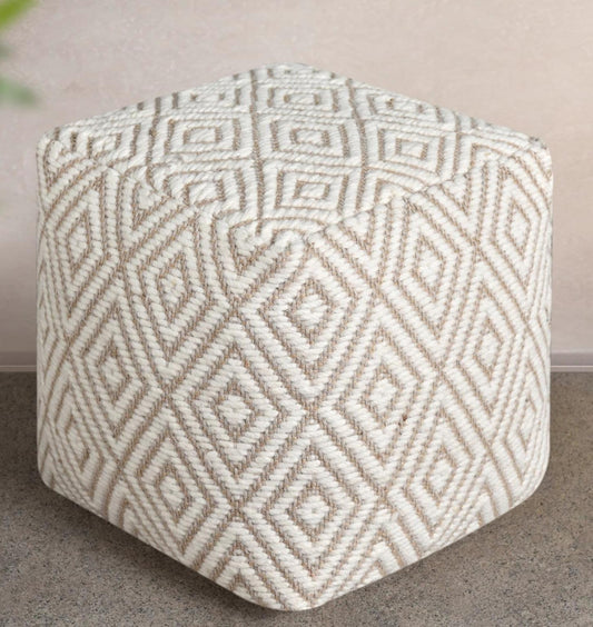 Diamond Geometric Woven Square Pouf Ottoman â€“ Ivory Natural