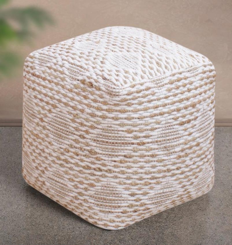 Stripe Diamond Woven Square Pouf Ottoman â€“ White Jute