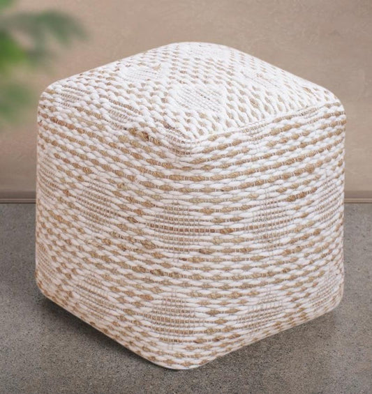 Stripe Diamond Woven Square Pouf Ottoman â€“ White Jute