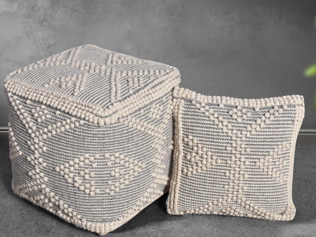 Boho Bobble Geometric Pouf & Cushion Set â€“ Ivory Grey