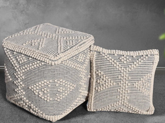 Boho Bobble Geometric Pouf & Cushion Set â€“ Ivory Grey