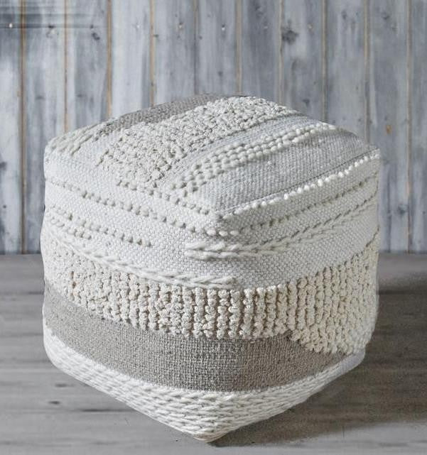 Aztec Textured Chunky Square Pouf Ottoman â€“ Ivory Grey