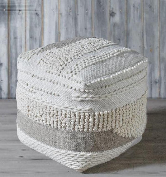 Aztec Textured Chunky Square Pouf Ottoman â€“ Ivory Grey