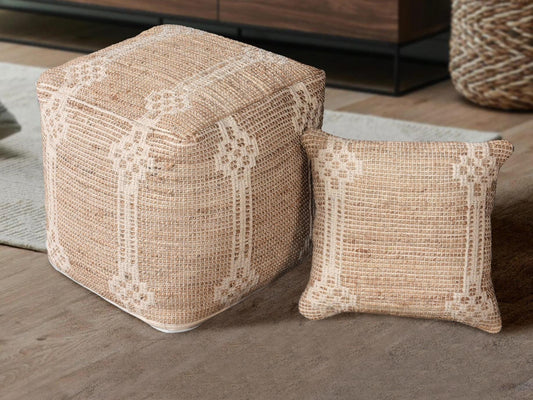 Jute Grid Woven Pouf & Cushion Set â€“ Tan Natural