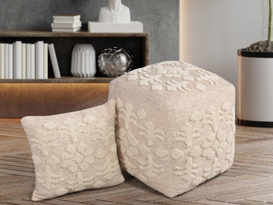Floral Tufted Linen Pouf & Cushion Set â€“ Ivory Beige