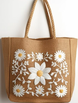 Jute Daisy Floral Embroidered Tote Bag â€“ Natural Brown