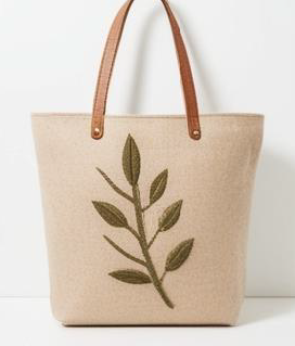 Canvas Botanical Leaf Embroidered Tote Bag â€“ Beige