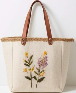 Canvas Wildflower Bouquet Embroidered Tote Bag â€“ Natural
