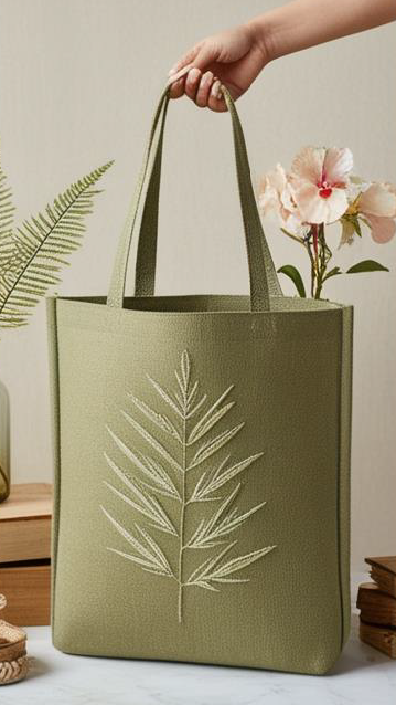Sage Green Fern Leaf Embroidered Tote Bag