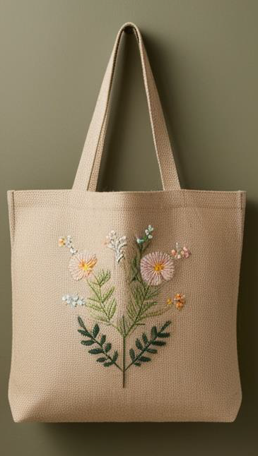 Jute Pastel Wildflower Embroidered Tote Bag â€“ Natural
