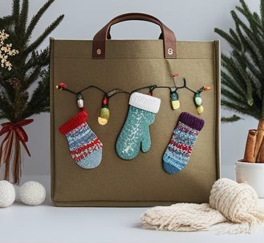 Christmas Mittens Fairy Lights Felt Tote Bag â€“ Khaki