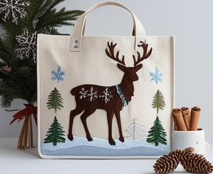 Christmas Reindeer Snowflake AppliquÃ© Tote Bag â€“ Natural Canvas