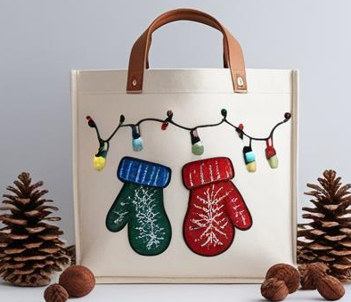 Christmas Mittens Fairy Lights Canvas Tote Bag â€“ Ivory