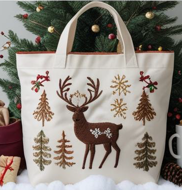 Christmas Reindeer Forest Embroidered Tote Bag â€“ Ivory Canvas