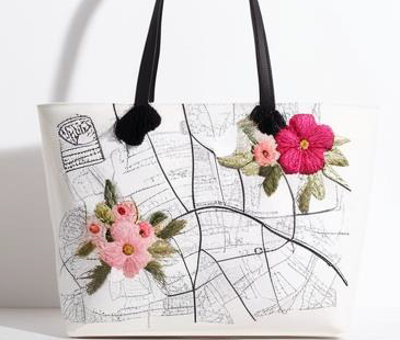 City Map Print 3D Floral Embroidered Tote Bag â€“ White