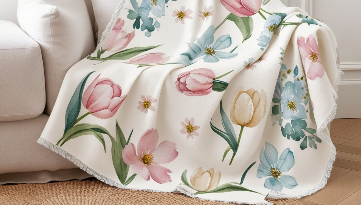 London Spring Watercolour Floral Throw Ivory