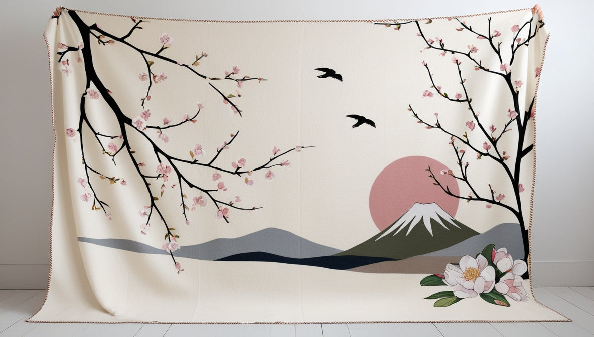 Mt Fuji Sakura Scenic Throw Ivory Blush