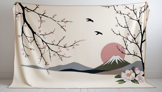 Mt Fuji Sakura Scenic Throw Ivory Blush