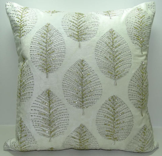 Beige White Embroidered Velvet Pillow Cover