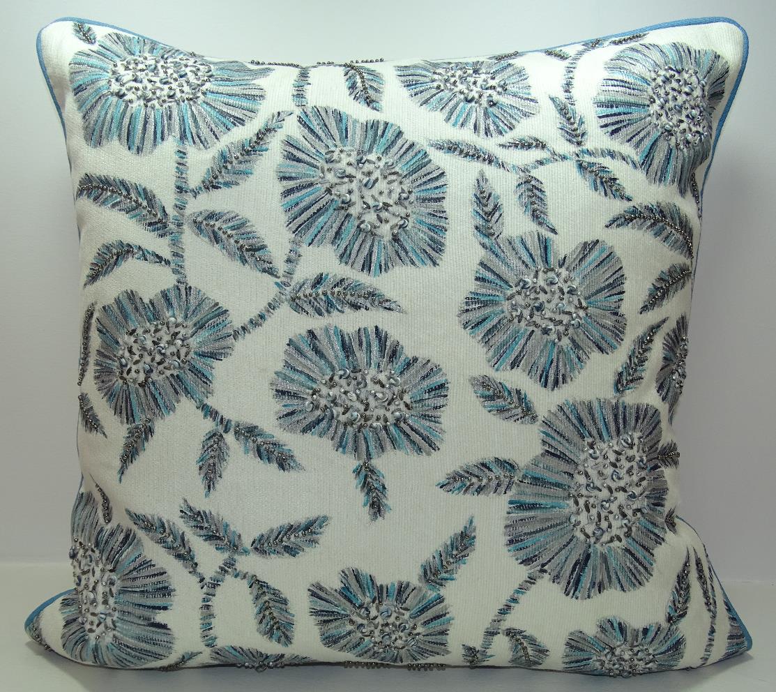 Blue Bead Embroidered Pillow Cover